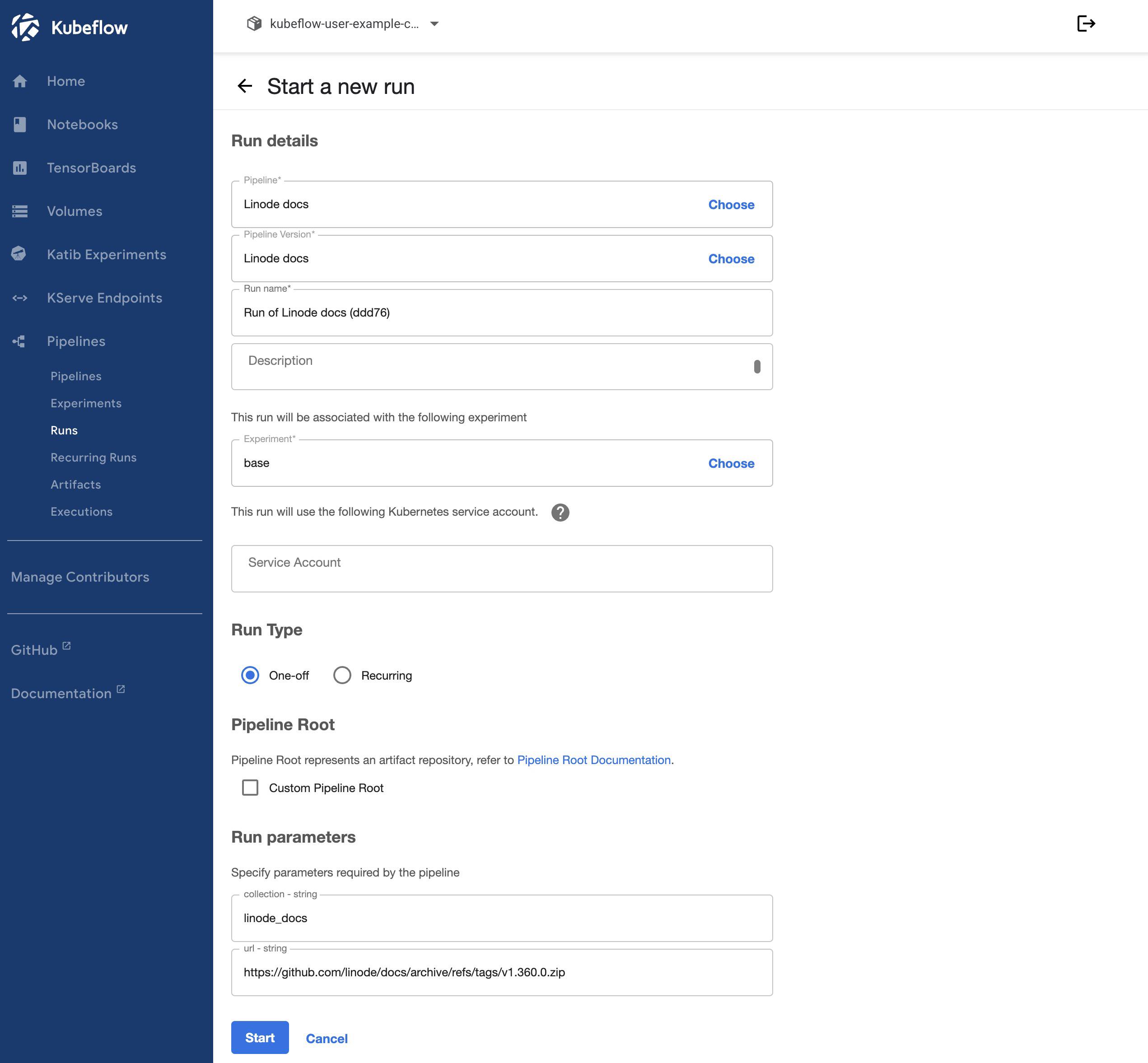 Screenshot of the “Start a new run” page within Kubeflow