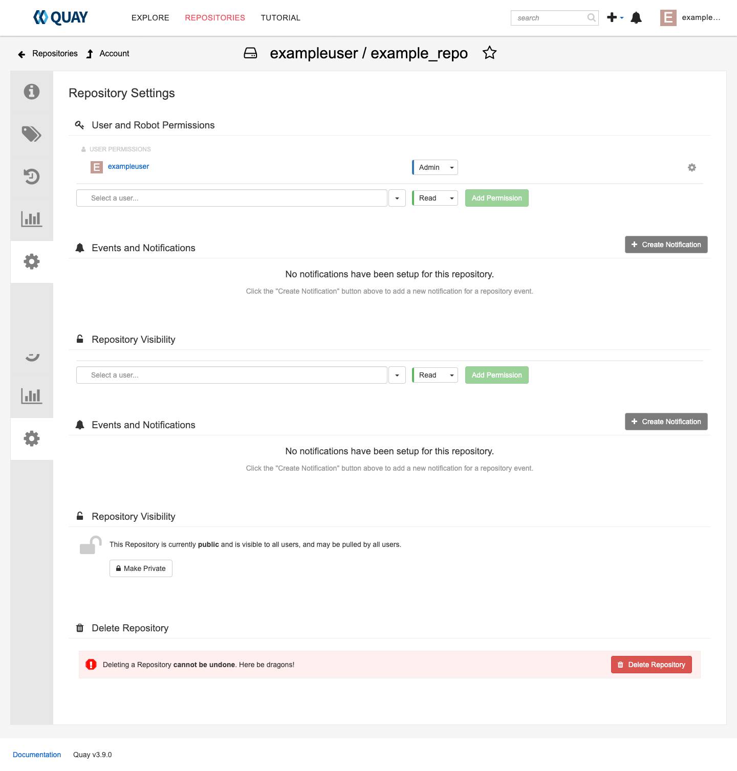 The Project Quay repository settings screen The Project Quay repository settings screen