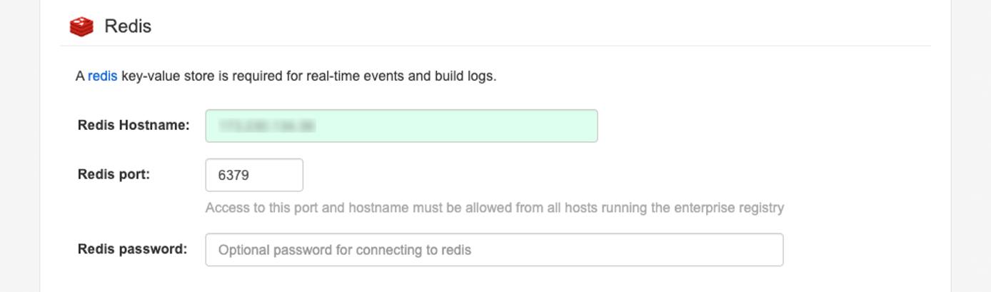 The Redis section of the Project Quay setup screen. The Redis section of the Project Quay setup screen.