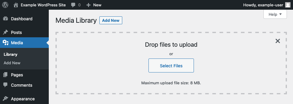 WordPress’s Media Library, showing the maximum file size for uploads