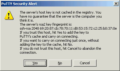 An unknown host key warning in PuTTY on Windows. An unknown host key warning in PuTTY on Windows.