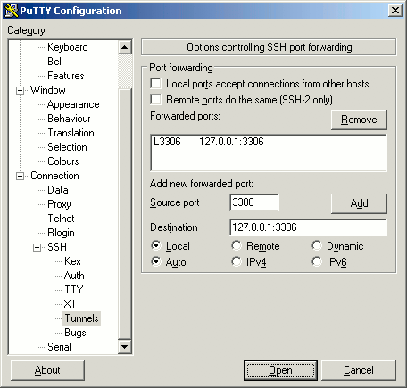 Tunneling a remote MySQL connection through SSH with PuTTY on Windows. Tunneling a remote MySQL connection through SSH with PuTTY on Windows.