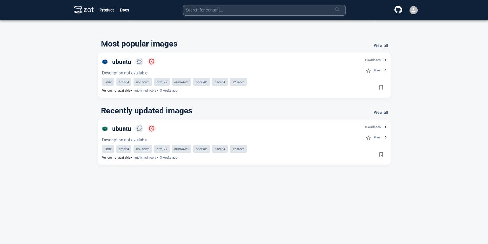 Zot homepage with image
