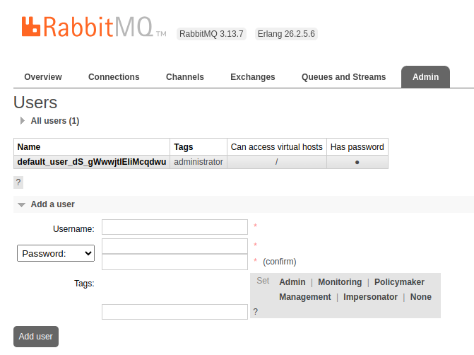 The RabbitMQ web interface showing the Admin tab with a list of current users. The RabbitMQ web interface showing the Admin tab with a list of current users.