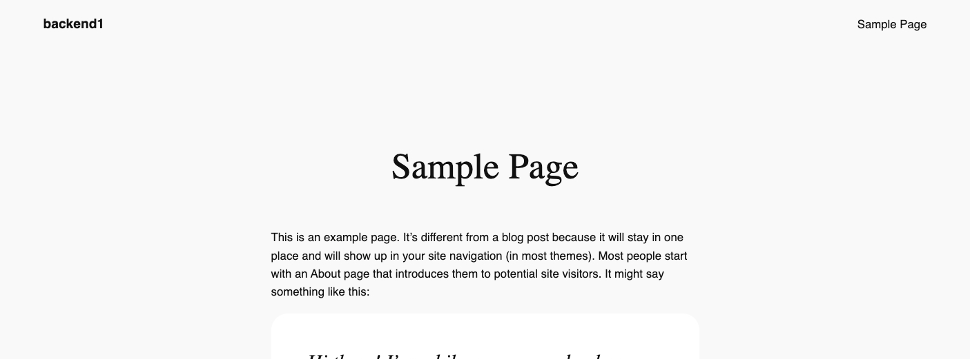 The 2024 default WordPress Sample Page served from backend1.