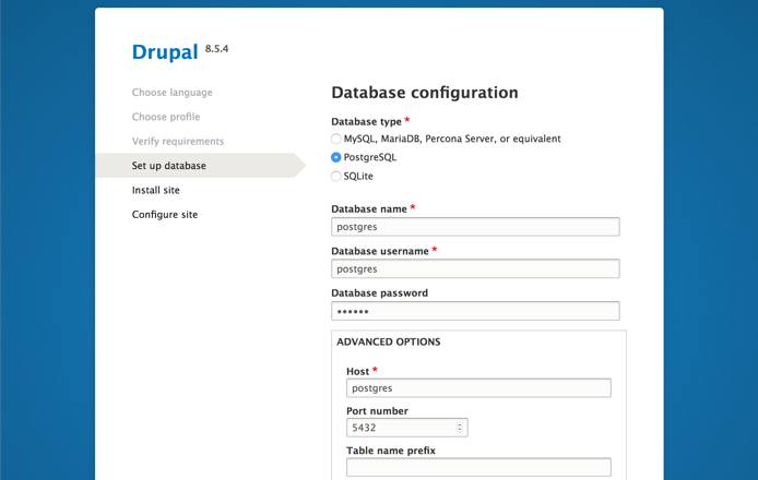 Drupal setup screen in the web browser - ‘Set up database’ page