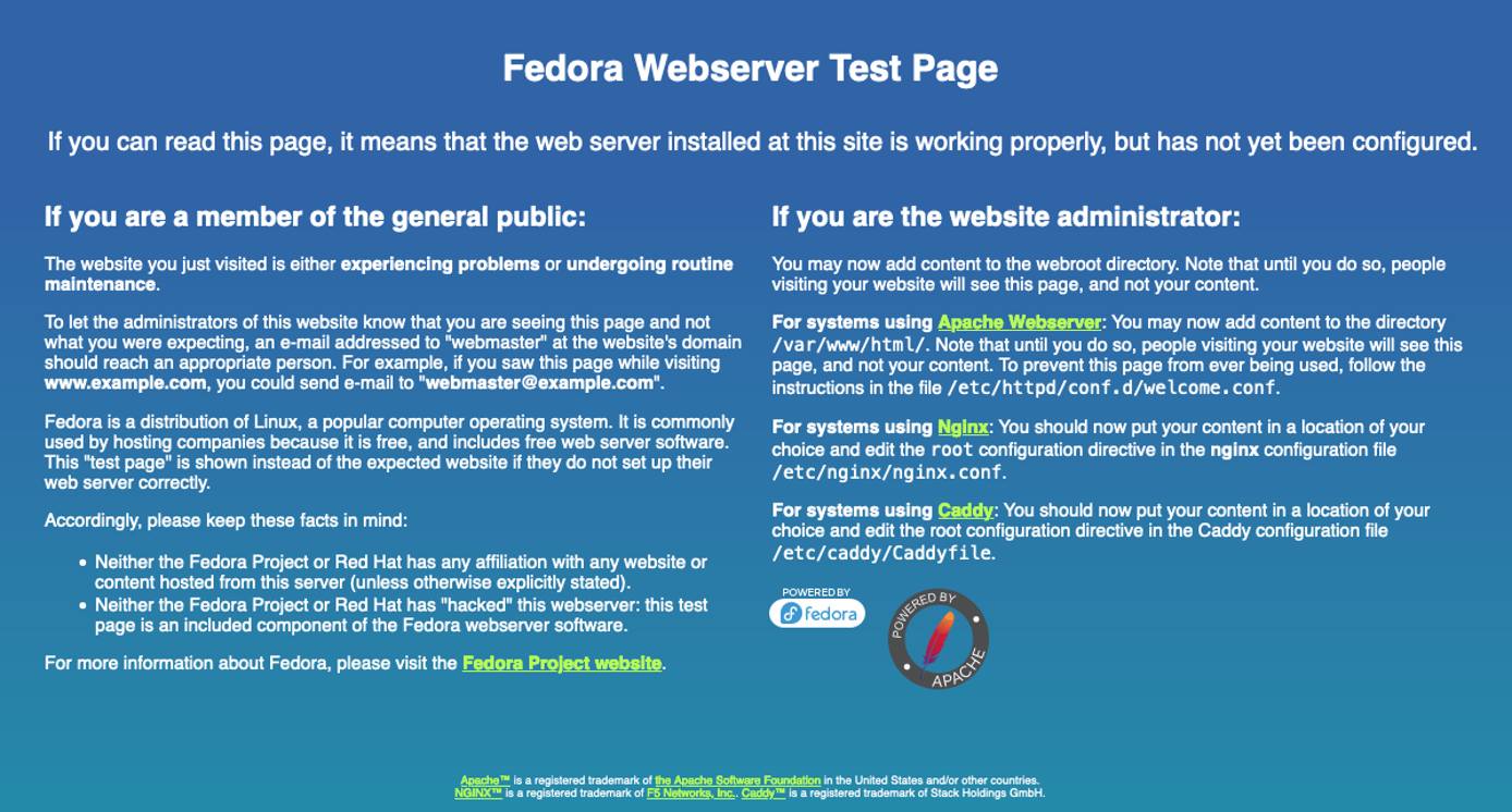 The default Fedora web landing page The default Fedora web landing page