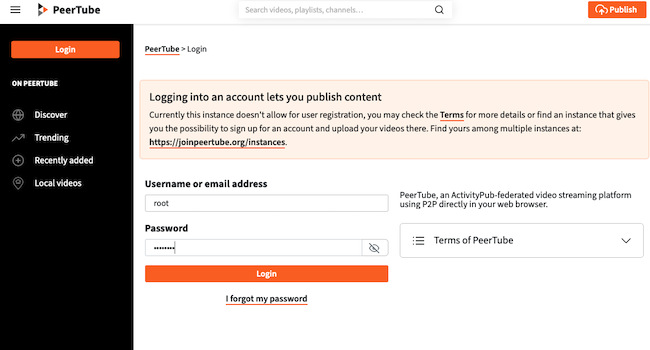 The PeerTube Login Page The PeerTube Login Page