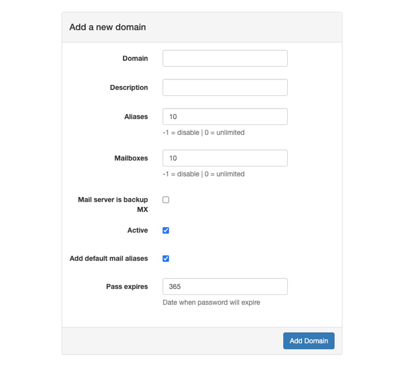 The PostFixAdmin ne domain creation page.