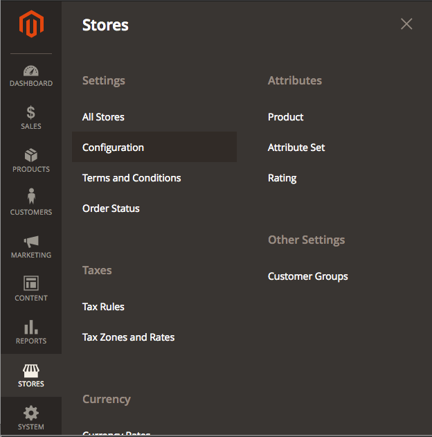 Go to “Configuration” in the “Stores” menu.
