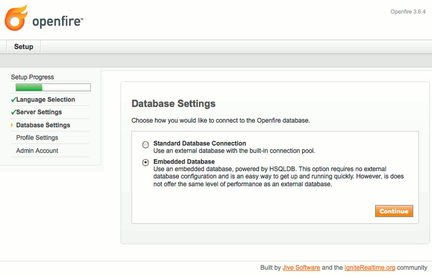 Database type selection in Openfire setup on Debian 5 (Lenny). Database type selection in Openfire setup on Debian 5 (Lenny).