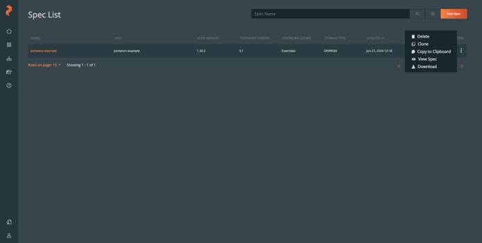 The Spec List section of Portworx Central with “portworx-example” listed and it’s action menu opened.