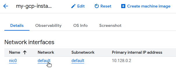 Google Cloud Console screenshot of VM’s Network interfaces details.