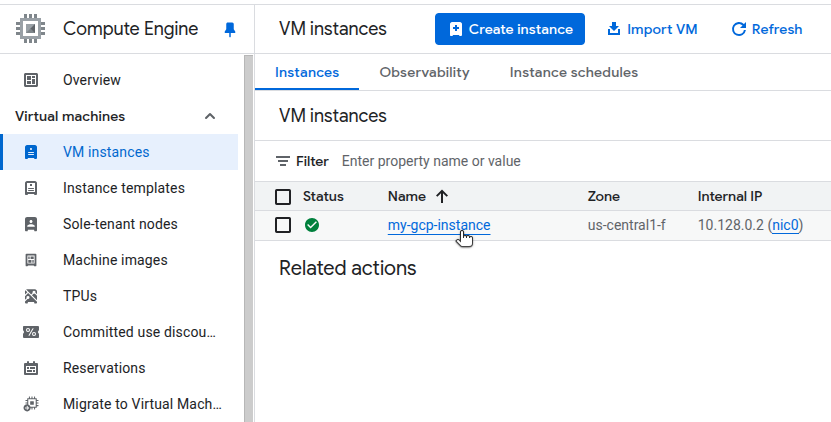 Google Cloud Console screenshot listing VM instances.