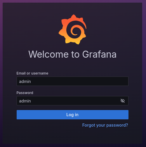 Grafana login page showing fields for entering username and password. Grafana login page showing fields for entering username and password.