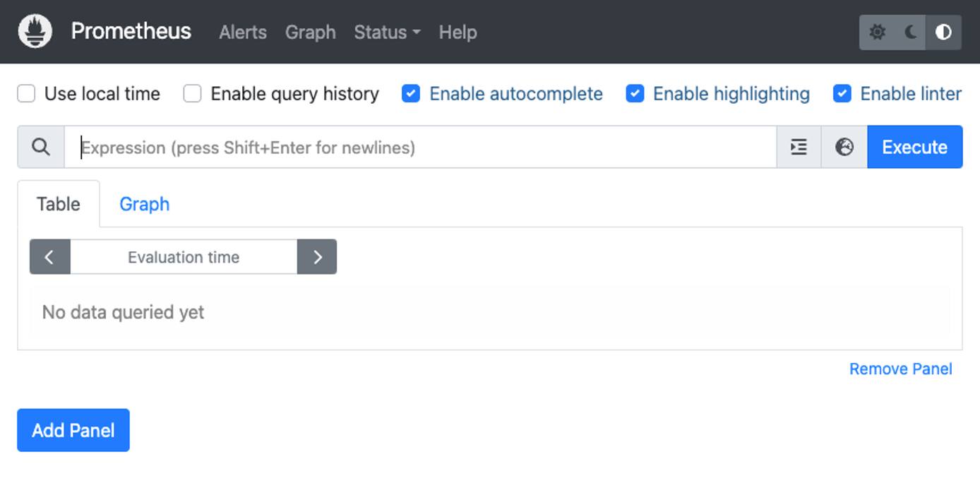 Prometheus UI homepage at port :9090, displaying the query and status options. Prometheus UI homepage at port :9090, displaying the query and status options.