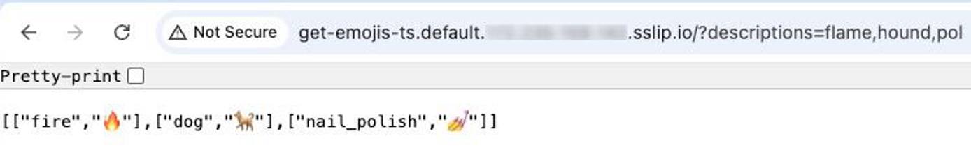Successfully invoking the deployed Knative function in a web browser.