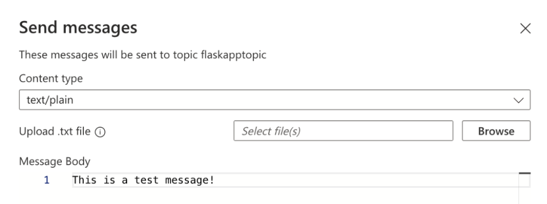 Azure Service Bus Explorer UI for publishing messages to a topic.