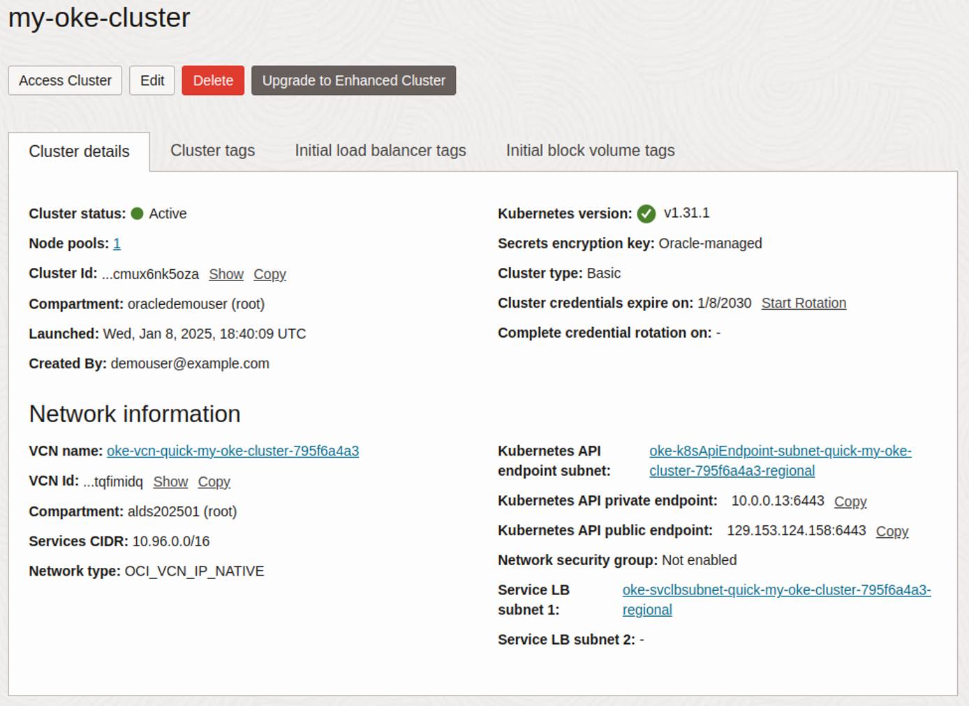 Oracle Cloud console showing detailed overview of an OKE cluster. Oracle Cloud console showing detailed overview of an OKE cluster.