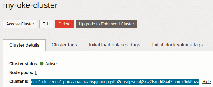 OKE cluster details page in Oracle Cloud showing Cluster ID.