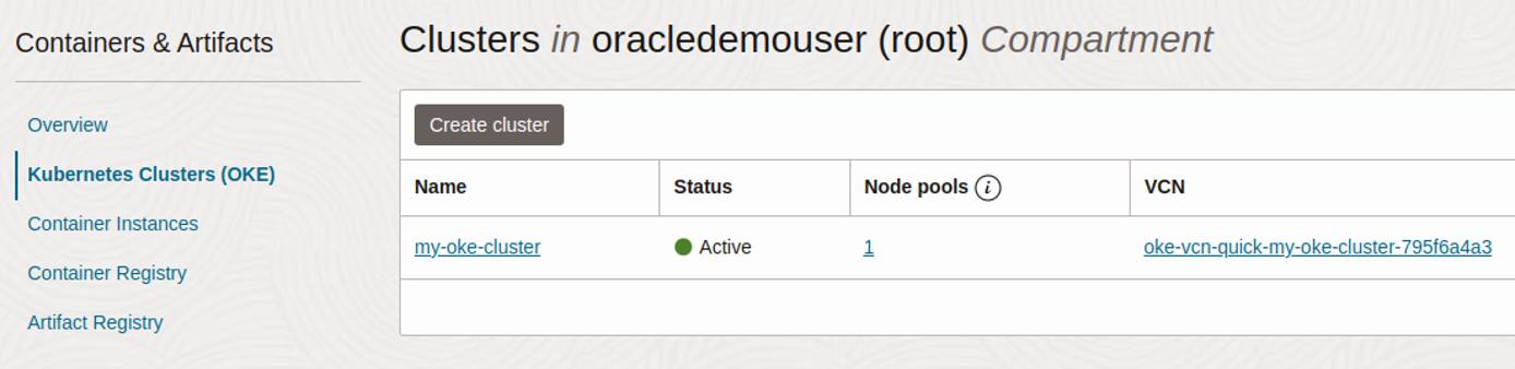 List of OKE clusters in Oracle Cloud console with one cluster selected. List of OKE clusters in Oracle Cloud console with one cluster selected.