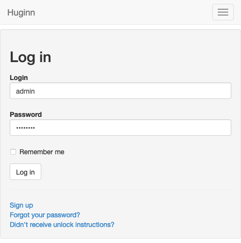 Huginn login page Huginn login page