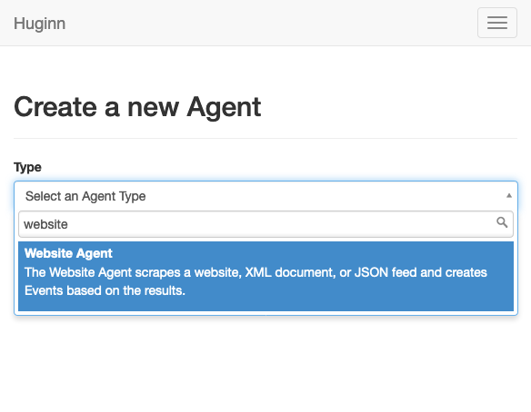 Selecting a Huginn agent type Selecting a Huginn agent type