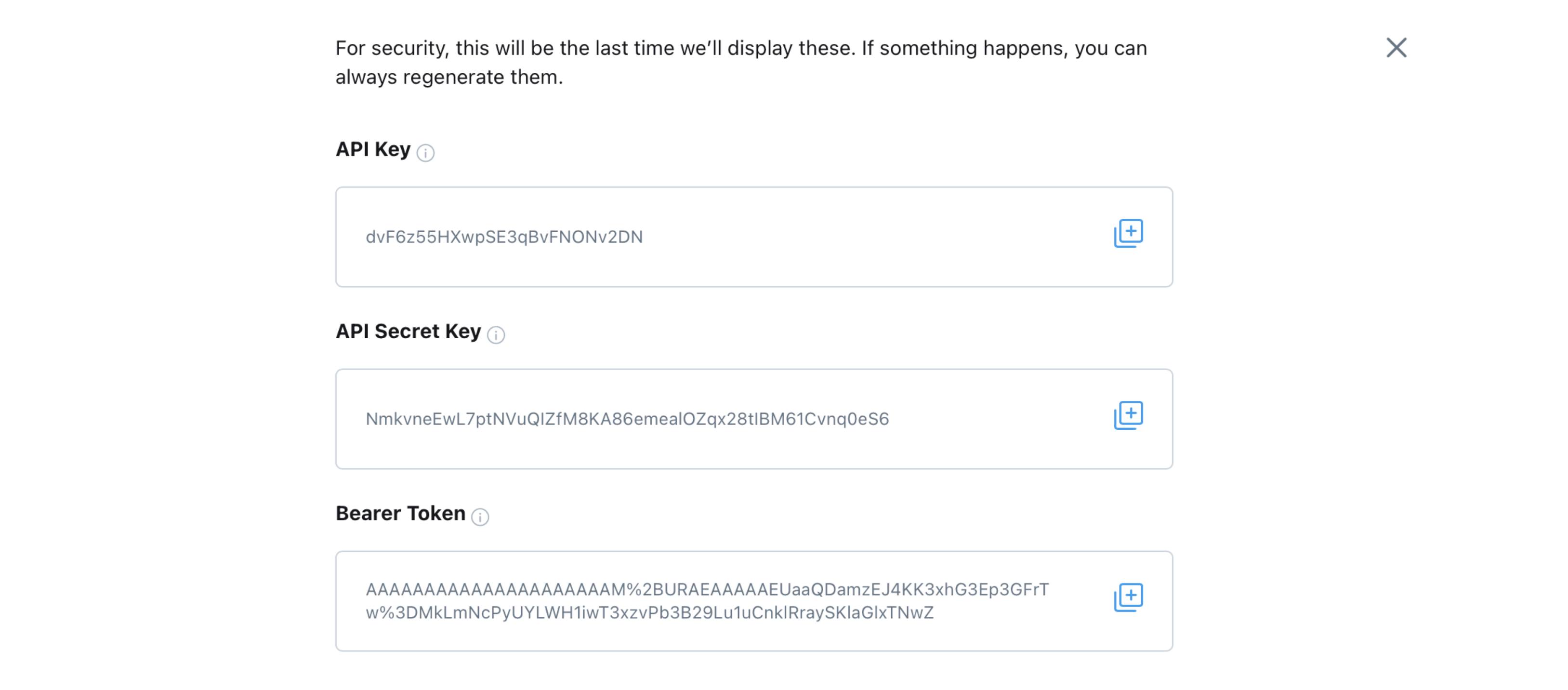 Twitter developer portal: API Key, API Secret Key, and Bearer Token dialog for new project and app Twitter developer portal: API Key, API Secret Key, and Bearer Token dialog for new project and app