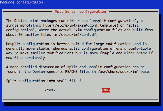 Exim4 mail configuration file specification on Debian 6 (Squeeze). Exim4 mail configuration file specification on Debian 6 (Squeeze).