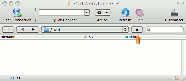 The root user’s home directory on a remote server in Cyberduck on Mac OS X.