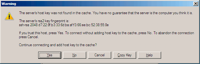 WinSCP host key verification dialog. WinSCP host key verification dialog.