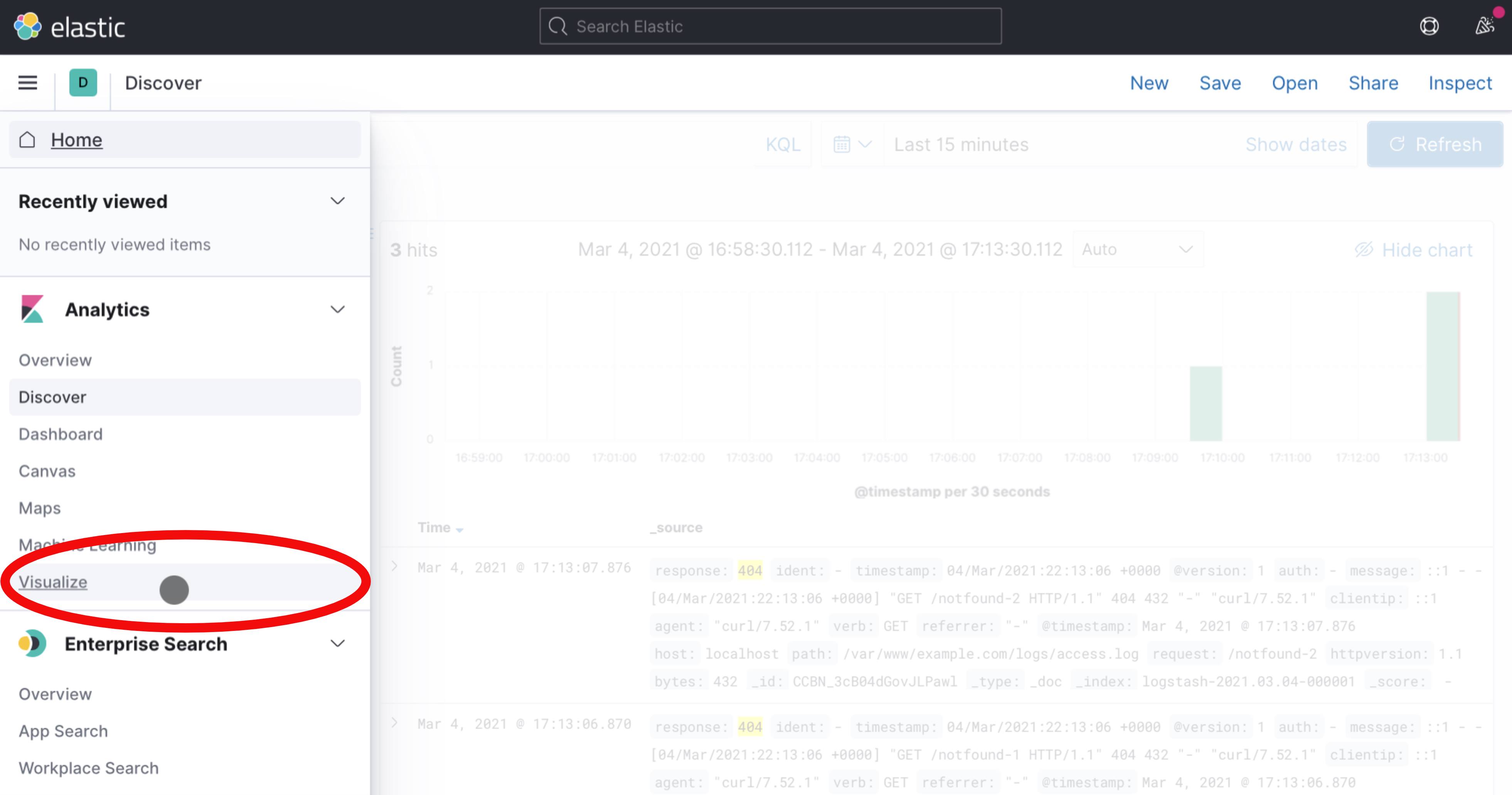 Kibana 7 Search Results Page Sidebar Navigation with Visualize Item Highlighted Kibana 7 Search Results Page Sidebar Navigation with Visualize Item Highlighted
