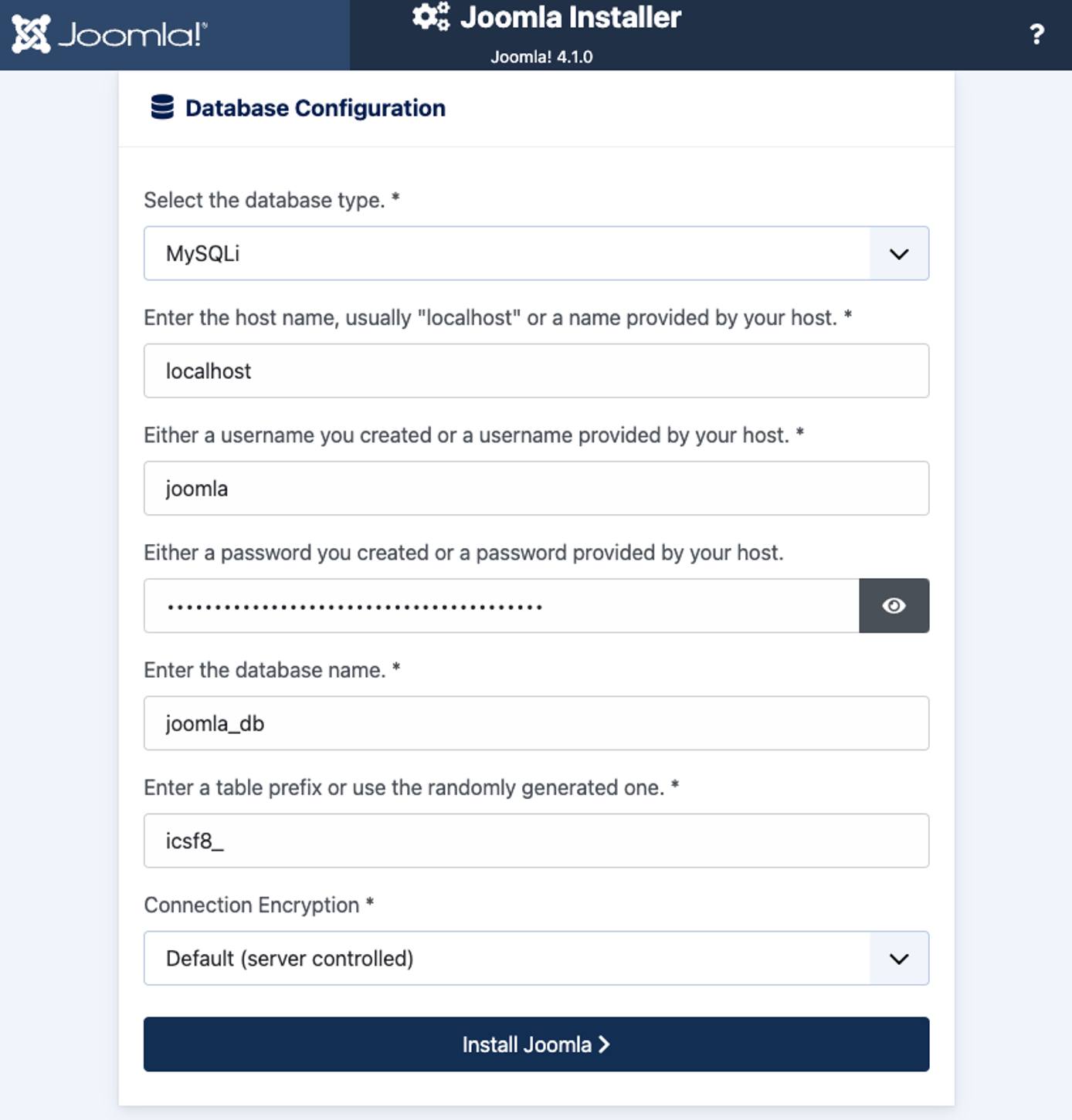 Screenshot of the Joomla Database Configuration prompt