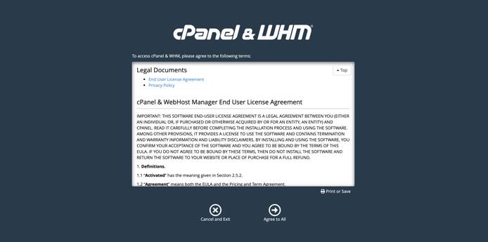 Agree to cPanel and WHM’s terms