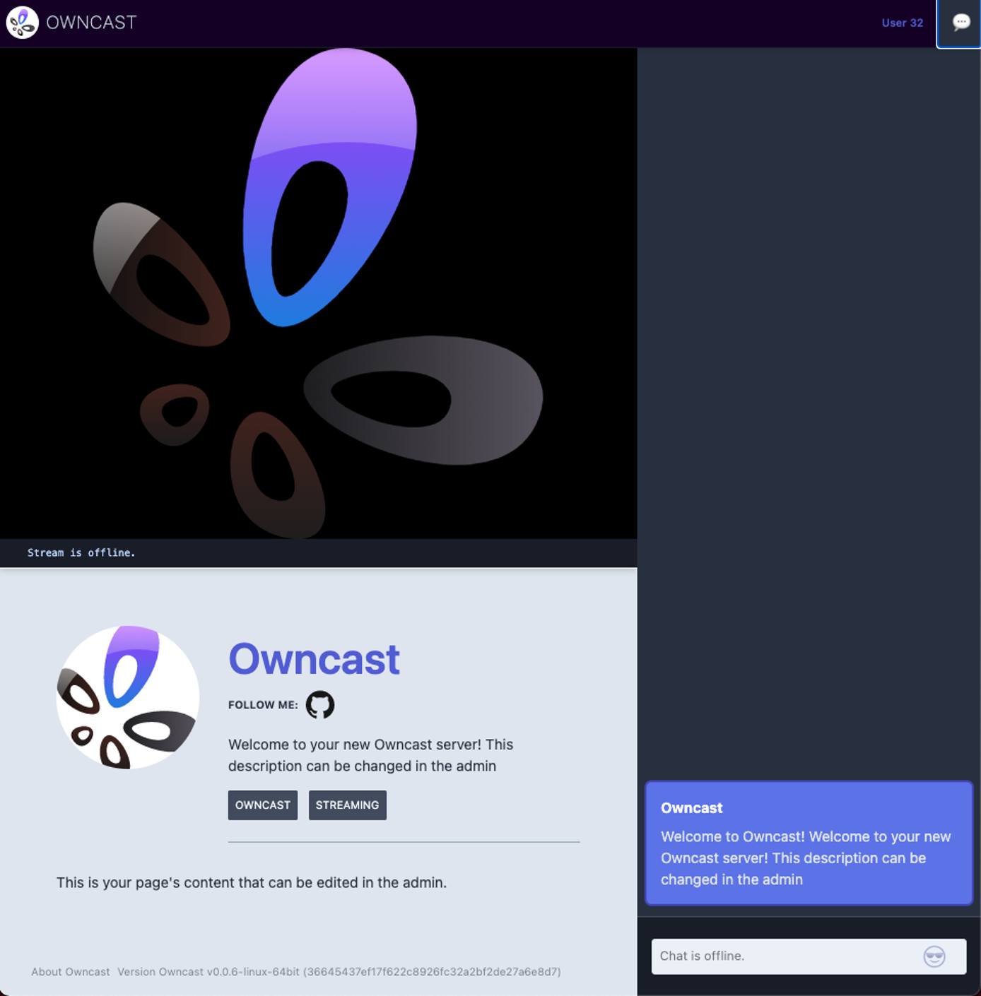 owncast.png ‘The Owncast stream view’ owncast.png ‘The Owncast stream view’